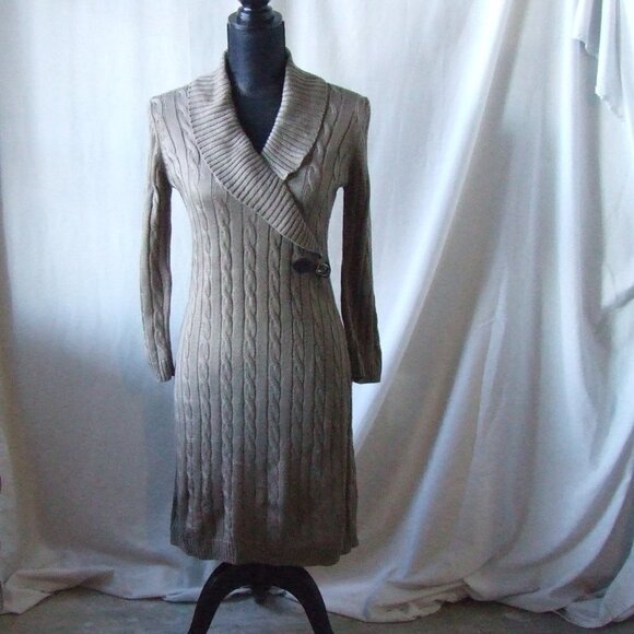 Calvin Klein dress sweater long sleeved taupe brown pull over mock cowl neutral - Picture 1 of 16